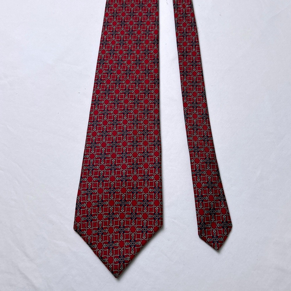 Bert Pulitzer Mens Geometric Medallion Silk Necktie 58in Red Navy Formal Office